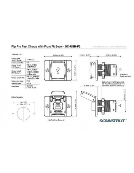 Flip Pro snellader waterdicht IPX4 USB-A+USB-C montageplaat